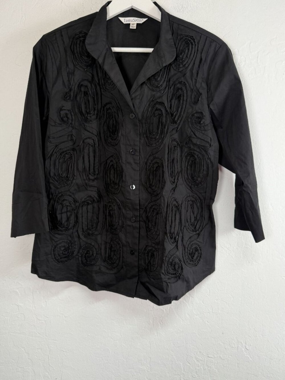 TravelSmith Womens Black Textured Swirl Design Button-Up Shirt MP 3/4 Sleeve